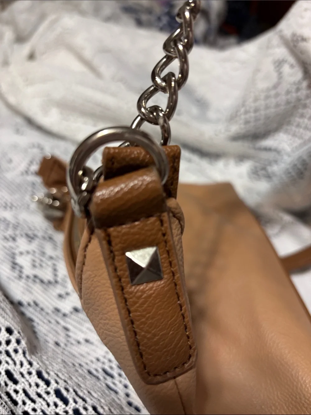 Nine West Tan Faux Leather Tassel Shoulder Bag with Chain Accent